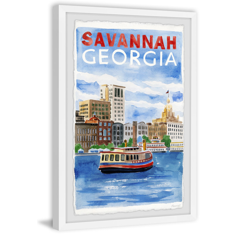 Savanah, Georgia Waterway - Reproduction d'art graphique sur papier encadré, H 24 po x l 16 po x P 1,5 po