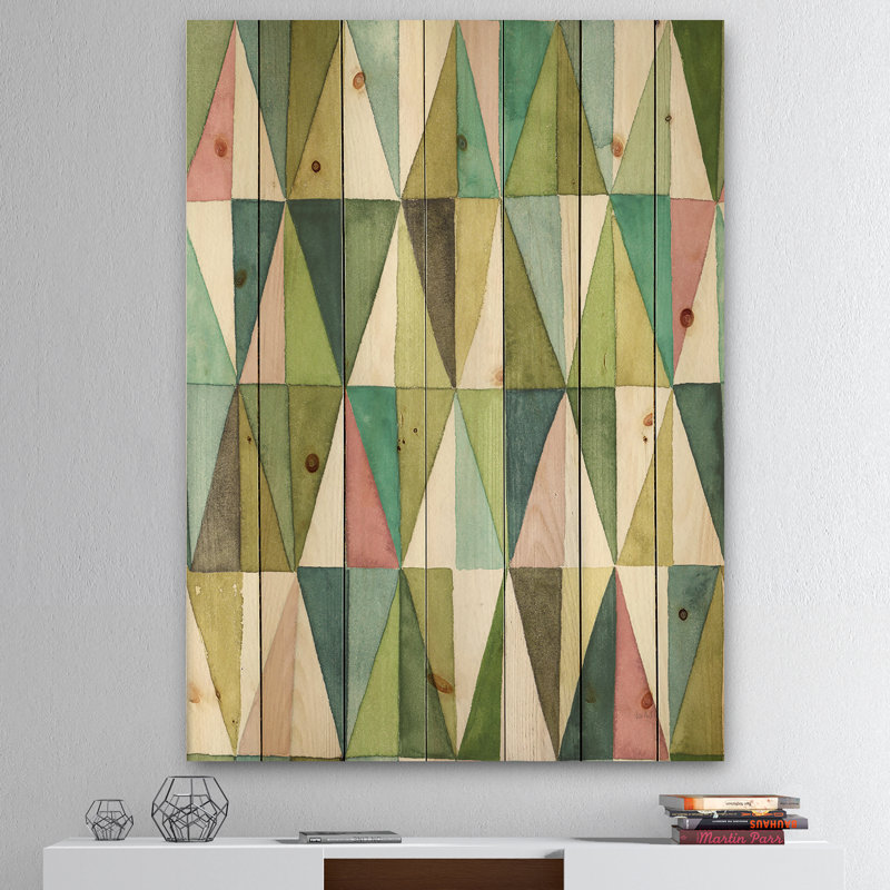 Motif géométrique mixte vert II - impression transitionnelle sur bois de pin naturel, H 20 po x l 12 po x P 1po