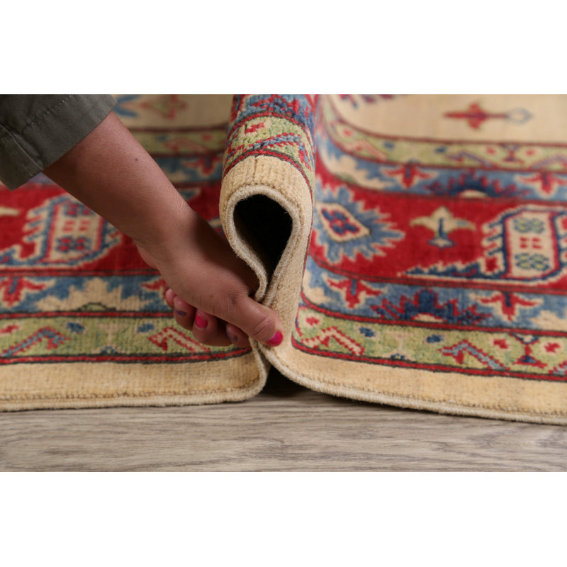Tapis décoratif en laine de conception unique noué à la main new age kazak beige/rouge 6 pi 9 po x 10 pi 2 po Antja