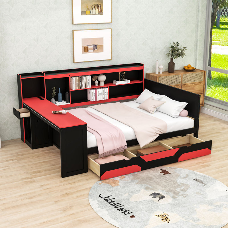 Lit de jour en bois avec 3 tiroirs, bureau, lumières, tablettes et station de charge, Grand lit, Black/Red