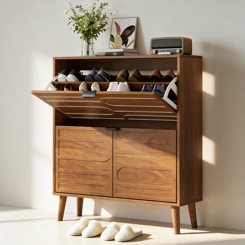 Modern Independent Shoe Cabinet, 31.5-inch Walnut Shoe Storage Cabinet,, Fence Shoe Cabinet with 2 Flip Drawers
