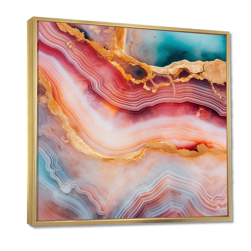 Agate, turquoise, or, rouge, marbre, art mural, salon, Cadre flottant doré, H 30 po x l 30 po