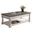 Table basse à plateau relevable, 3 plateaux de rangement cachés, fabrication en bois massif, gris antique et blanc vieilli, deux niveaux pour un salon bien organisé, table polyvalente avec tablette fixe, bois, confortable