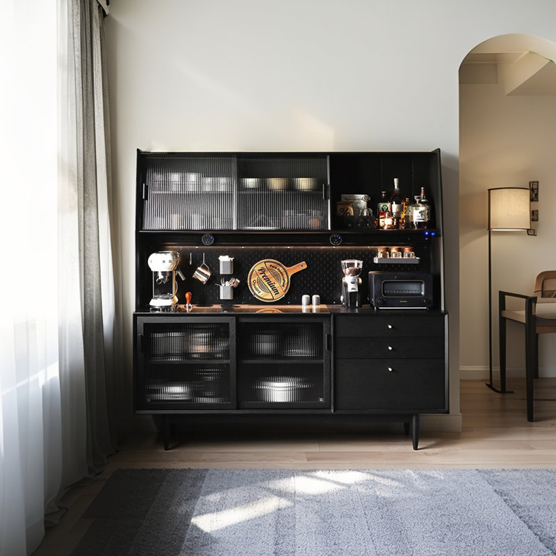 70.87" Retro Black Solid Wood Sideboard, Light Luxury Home Tea & Wine Storage Cabinet