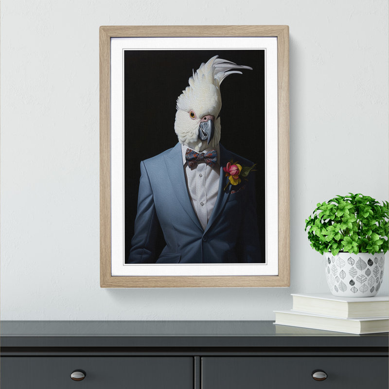 Cockatoo In A Suit No.2 - Single Picture Frame Print on Wood, 34cm H x 25cm W x 2cm D, Oak