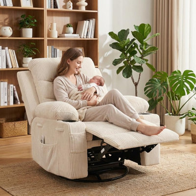 Fauteuil inclinable pivotant surdimensionné à 360 ° avec massage et chaleur, chaise longue ergonomique à assise large pour grands et grands, supporte 400 lb, beige