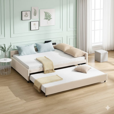 Lit de jour rembourré avec lit gigogne, structure de lit en bois robuste, conception de grille de diamant moderne, pour chambre à coucher, chambre d'amis (beige)