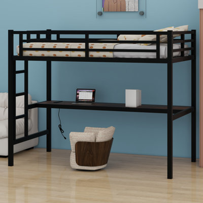 Metal Loft Bed With Power Outlet And LED Lighted, With Desk, Space-Saving