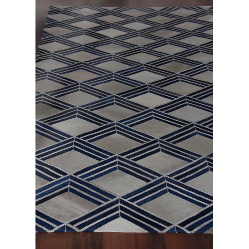 Natural Hide Cowhide Geometric Area Rug in Navy, Rectangle 5' x 8'
