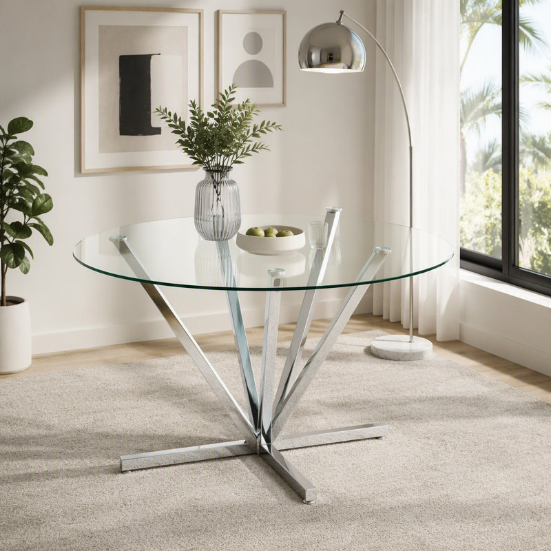 Table de salle à manger ronde en verre trempé avec pieds en métal argenté, Silver