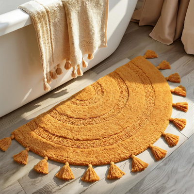 Tapis de bain demi-cercle Boho avec pampilles 100% coton, tapis de bain tissés à la main Tapis antidérapants au crochet absorbants Lavable à la machine pour baignoire de salle de bain, jaune moutarde