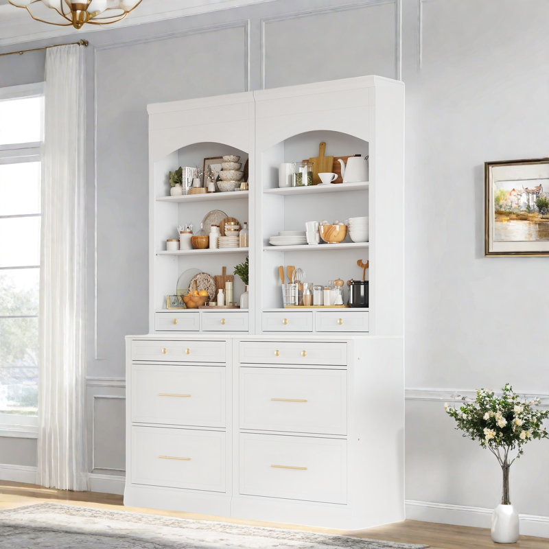 Garde-manger moderne avec plateau en faux marbre, 5 tiroirs et une tablette réglable, ensemble de 2, Blanc, Doré