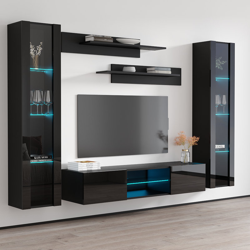 Floating 100" Modern Entertainment Center with 16-Color LED Lighting, High Gloss Finish, Black