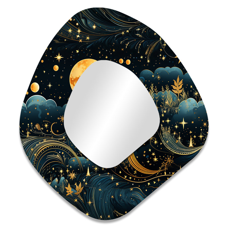 Motif céleste bleu Boho - miroir décoratif asymétrique Boho, miroir mural de forme unique bohémien, impression d'art en métal