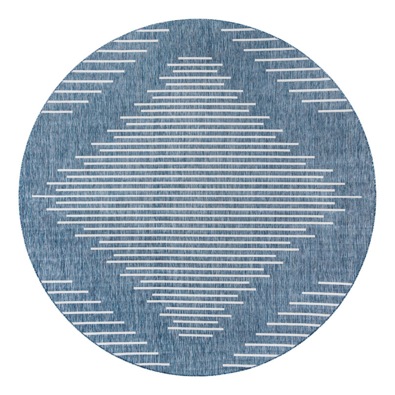 Tapis intérieur / extérieur en polypropylène géométrique tissé à la machine en gris / bleu, Rond 13 pi 1 po