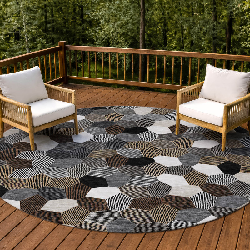 Tapis géométrique intérieur / extérieur lavable à la machine Chantille ACN2573, Rond 8 pi, Noir