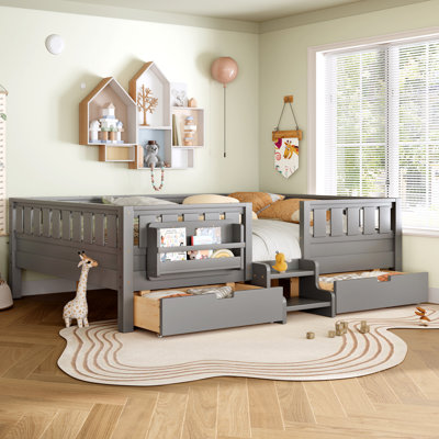 Queen Kids Floor Bed with Stairs, Rails and Slats,Queen Size Montessori Floor Bed with Bookshelf and 2 Storage Drawers,Easy Assemble Montessori Beds Frame,Gray