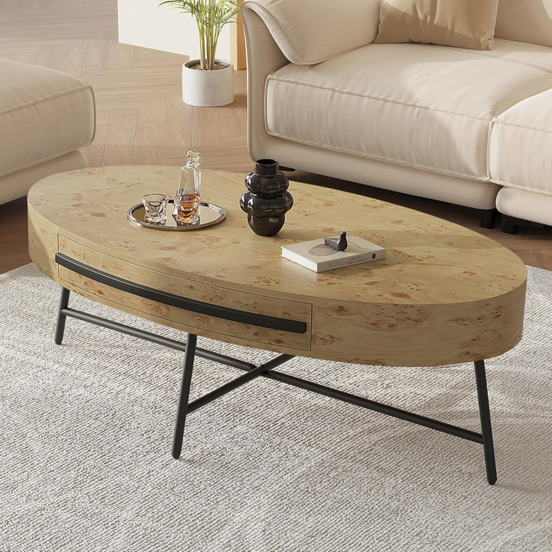 Oval Coffee Table with Drawers Center Table Rustic Coffee Tables, Natural