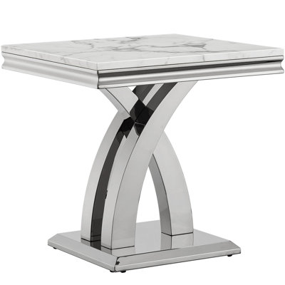22.8" Square Marble End Table, Modern White Sofa Side Table with Mirrored Stainless Steel Base, Luxury Faux Marble Accent End Table Bedside Table Nigh by Everly Quinn