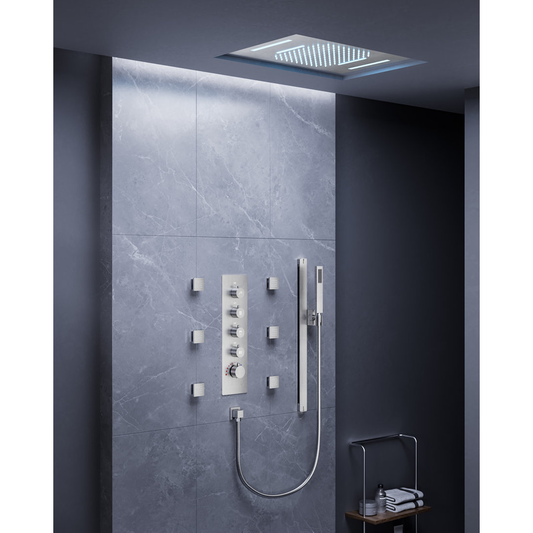 Thermostatic High Pressure Shower System, Ceiling Mount LED 2-Function Rainfall Shower Head with Handheld Spray, Body Jets EVERSTEIN 