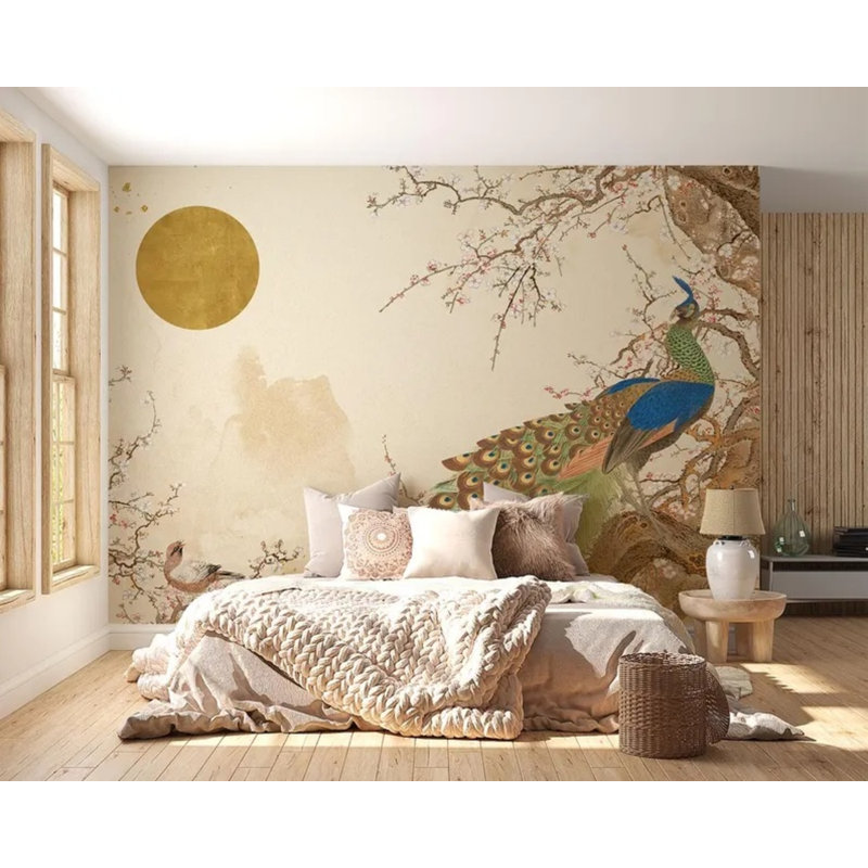 Adhésif mural beige paon rétro, L 96 po x l 108 po