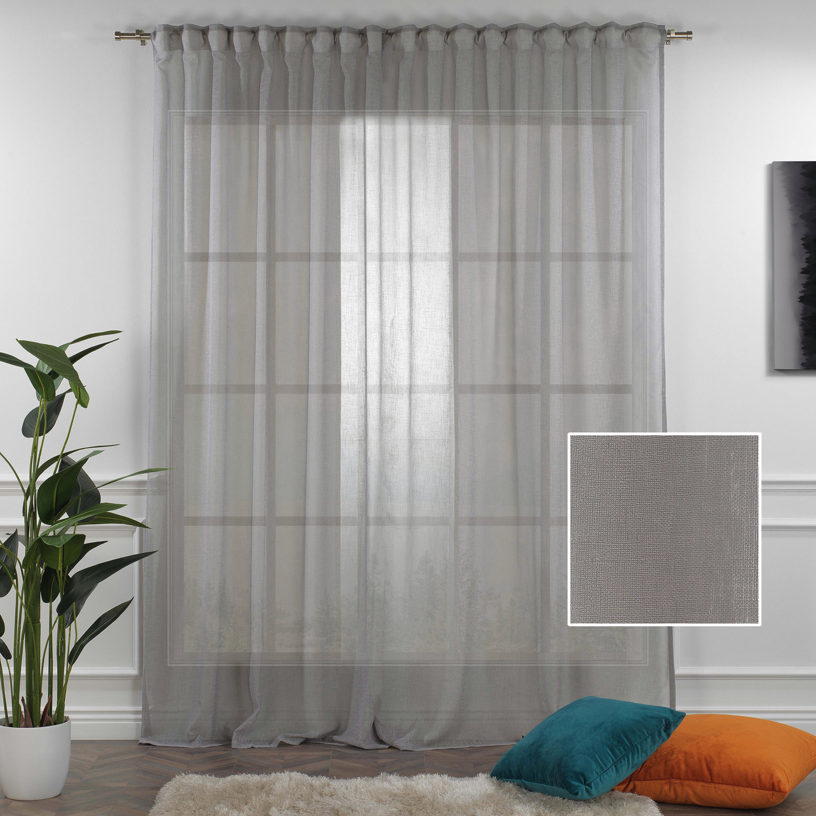 Linen Sheer Single Curtain Panel, 100" W x 108" L, Gray