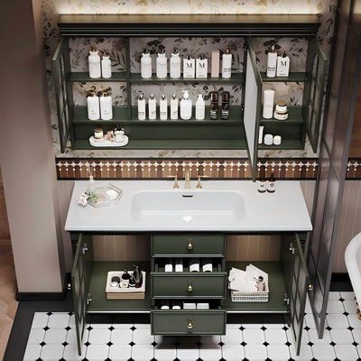 Meuble-lavabo autoportant rétro en bois d'hévéa massif avec armoire de rangement Smart
