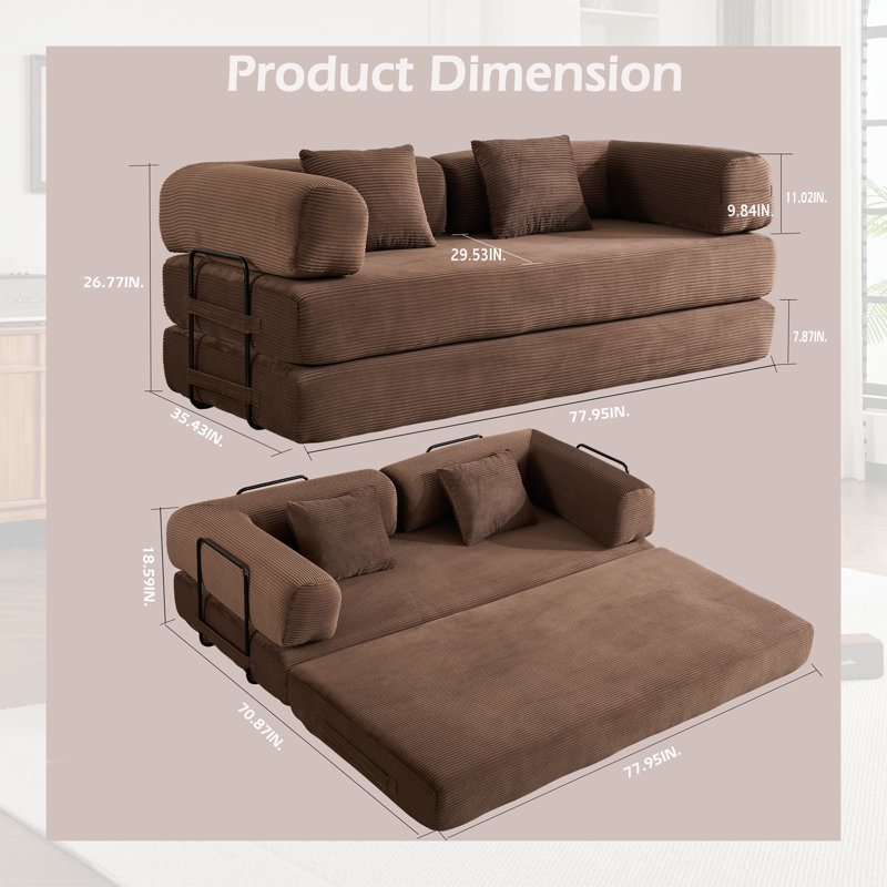 Canapé-lit convertible 77,9 po avec coussin cylindrique - 4-en-1 - Velours côtelé noir, Brun