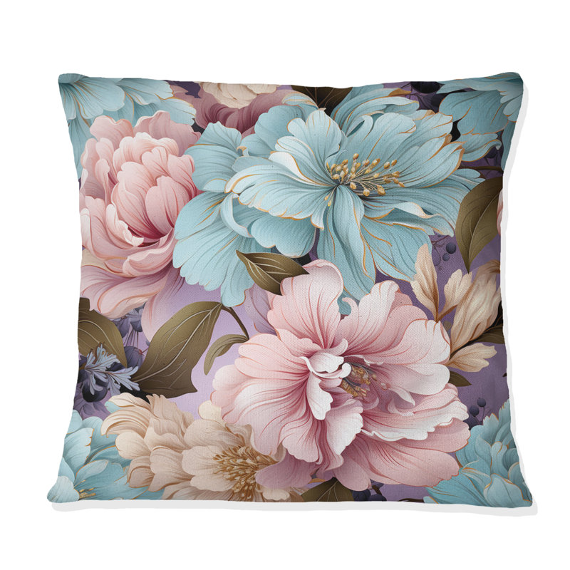 Coussin décoratif imprimé de fleurs de pivoines bleues et roses I, H 16 po x l 16 po
