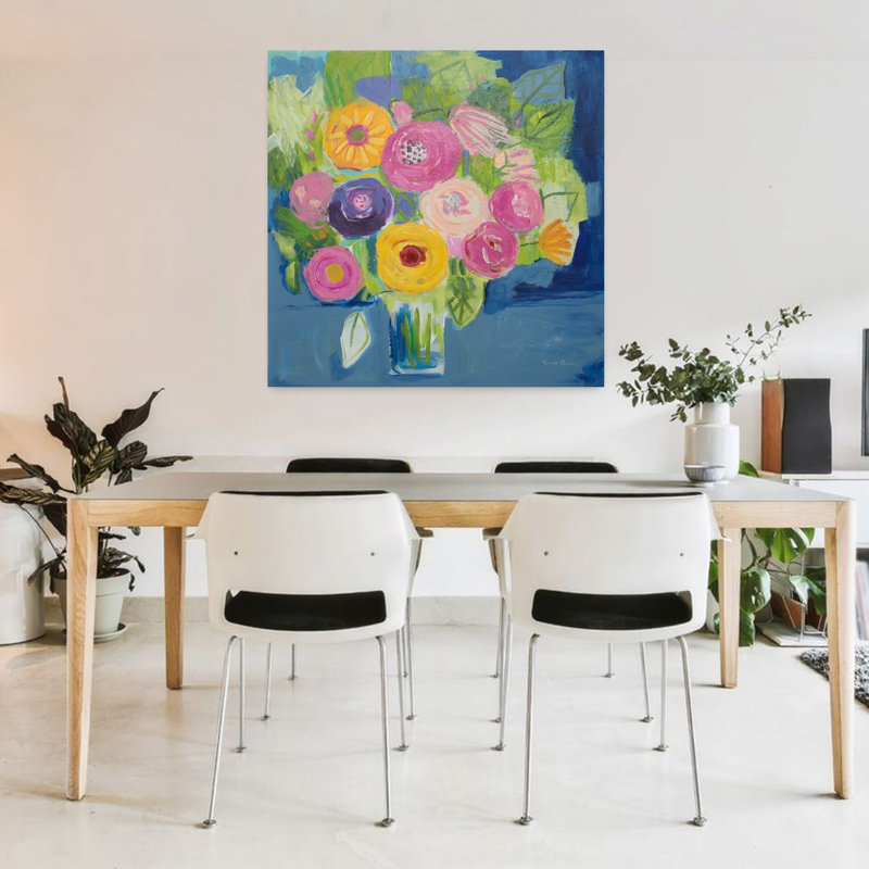 Art contemporain joyeux avec des bouquets bleus, H 36 po x l 36 po