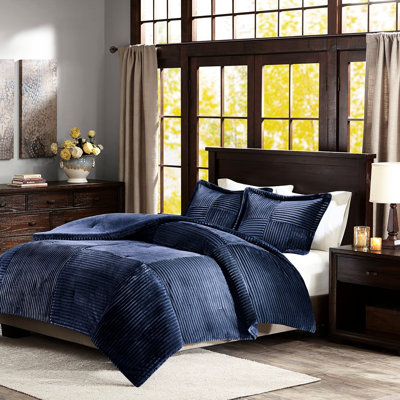 Édredon en duvet synthétique très grand bleu marine, rembourrage, face nervurée, envers uni, lavable à la machine, 1 et 2 taies décoratives
