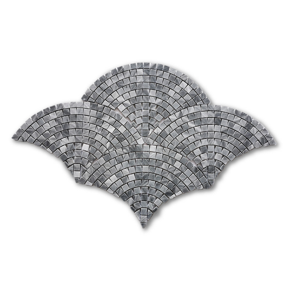 Fish Scale Scallop Fan Pattern Bardiglio Gray Marble Mosaic Tile Honed