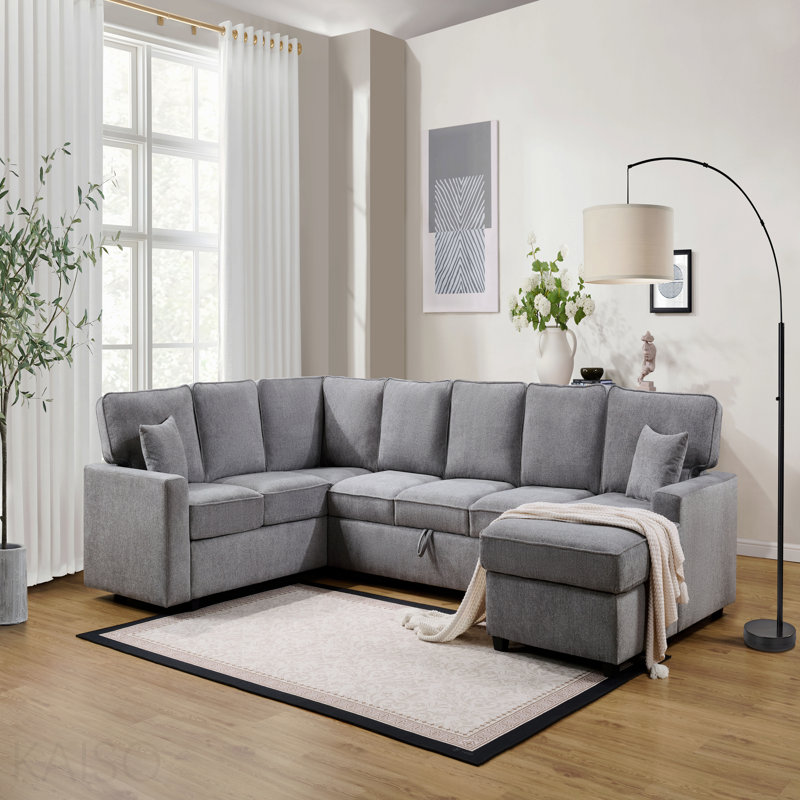 Canapé modulaire en chenille de 137 po de largeur avec méridienne orientée vers la droite, rangement sous le siège et coussins décoratifs