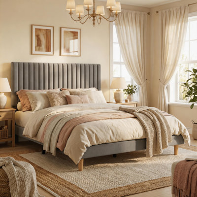 Queen Size Velvet Upholstered Platform Bed Frame with Adjustable Headboard, No Box Spring Required, Easy Assembly, Grey
