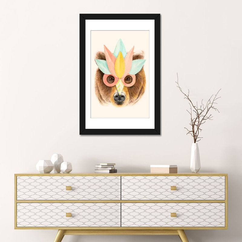 « bear paper mask », impression sur toile, Papier d'art encadré noir, Blanc, H 24 po x l 16 po x P 1 po
