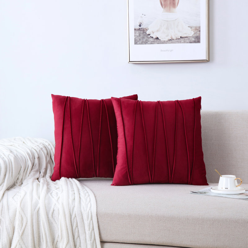 Housse de coussin plissée carrée en velours de polyester, H 18 po x l 18 po, Bourgogne