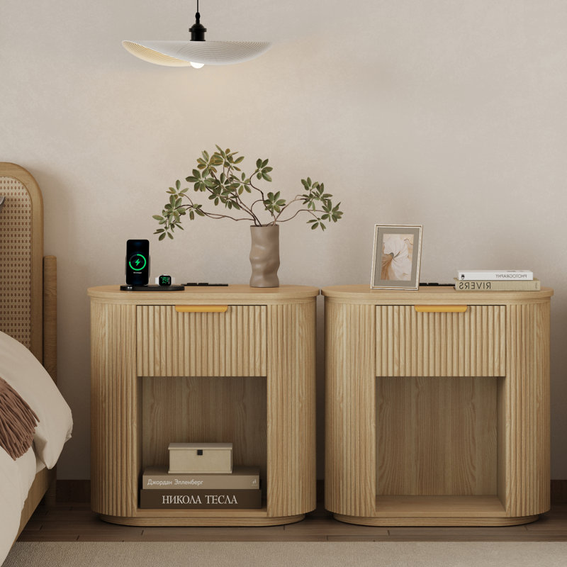 Reeded Nightstand With 1 Drawer, Open Shelf Storage Built-in Outlets USB Type-C Charging Station Set of 2, Set of 2