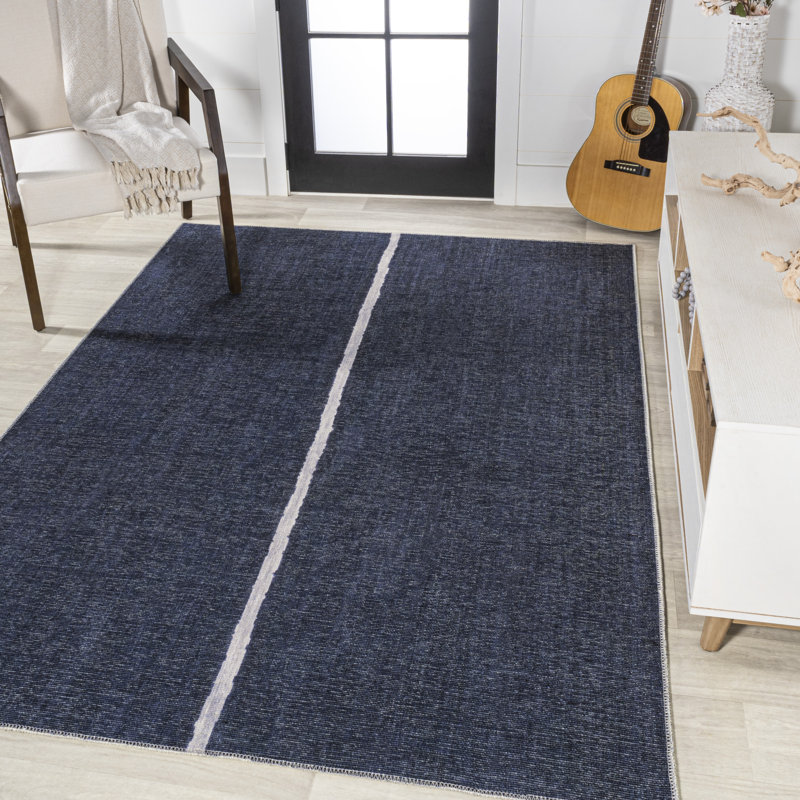 Amdrew Solid Centre Stripe Machine-Washable Navy/Gray Rug, Rectangle 7'10" x 10'
