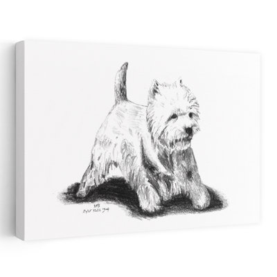 Croquis de Westie enjoué, impression d'art mural contemporain représentant un chien enjoué