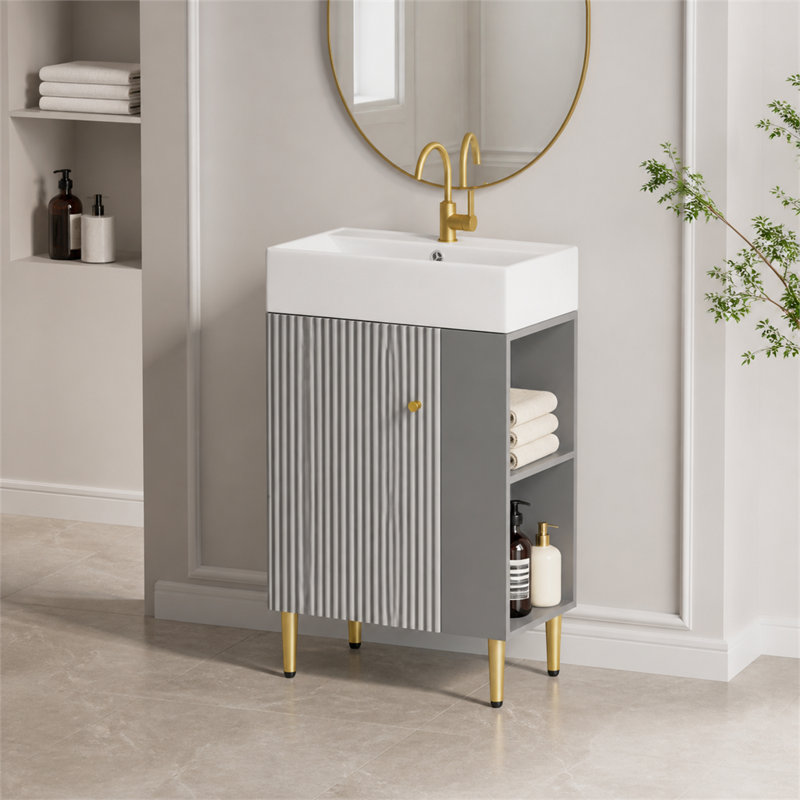 Single Bathroom Vanity, Ceramic Sink and Open Shelf Storage, Wood Cabinet