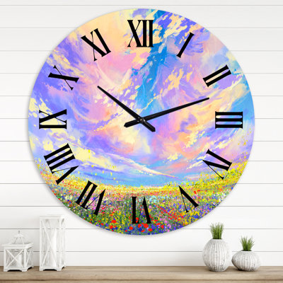 Fleurs colorées dans un champ sous de magnifiques nuages - horloge murale traditionnelle