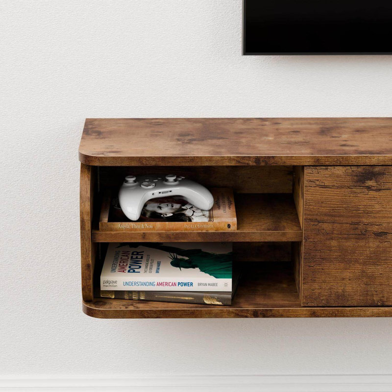 Meuble télé 58 po flottant en contreplaqué rustique avec décor doré - Console média de campagne murale pour téléviseur de 60 po ou moins