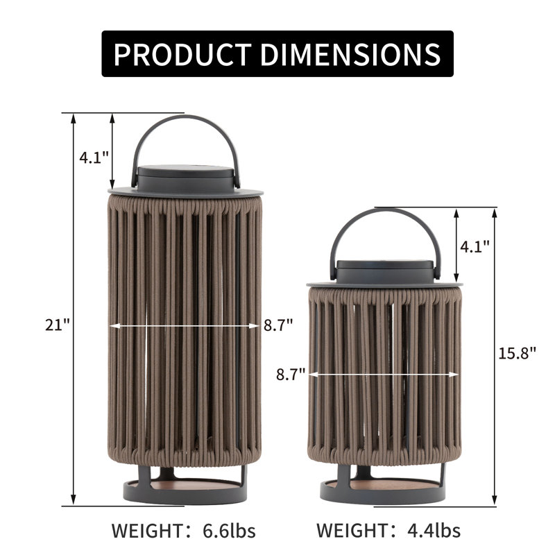 Outdoor Solar Lanterns Patio Decorative Floor Lights Aluminum Braided Rope Lantern with Handle,2 Pieces Brown, Brown