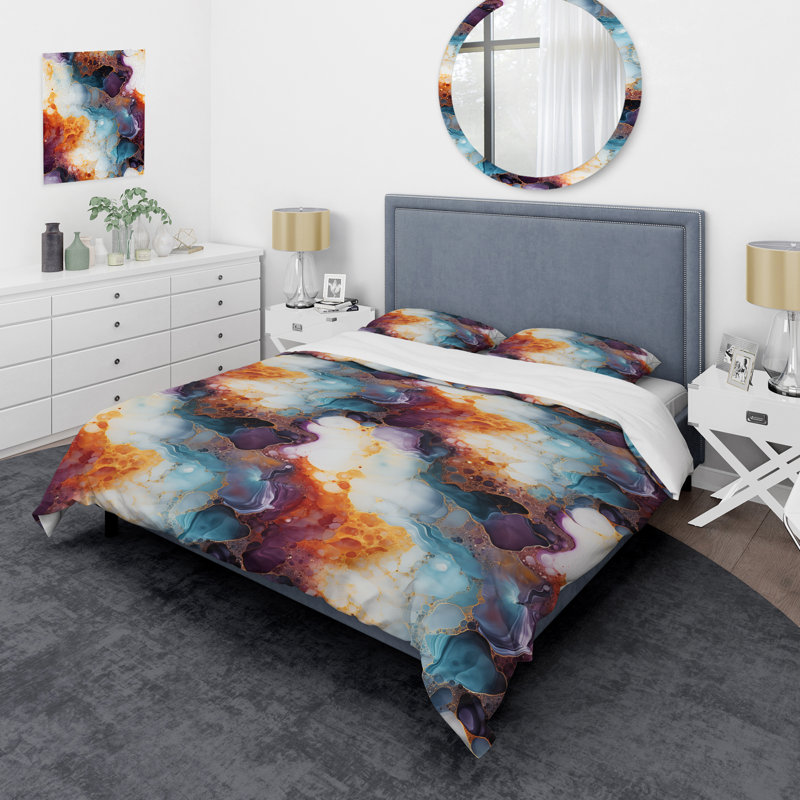 Orange Galactic Dreams Marble Dreams - Ensemble de housse de couette en marbre