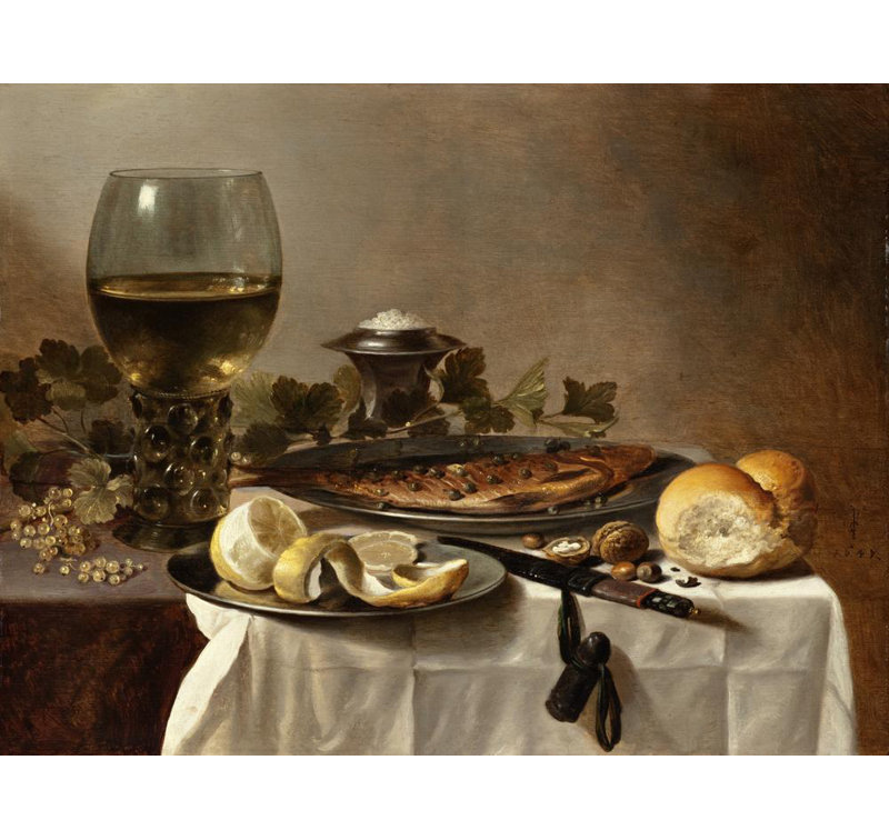 «Still Life with Herring, Wine and Bread» par pieter claesz - art mural de toile tendue avec châssis, H 24 po x l 17 po