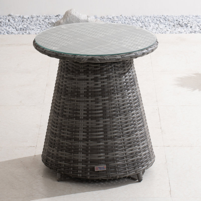 Round Aluminum Wicker Side Table With Glass Top â€“ (21.65" Diameter X 23.62" H), Gray