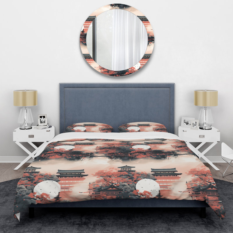Literie rouge clair à motif de portes I Torii, Housse de couette simple + 1 taie décorative stan