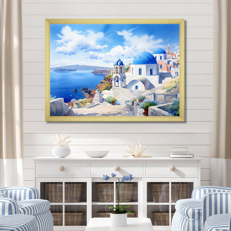 Santorini, Grèce, bord de mer, village sérénité II - Grèce, art mural, Cadre doré à coins fermés, H 12 po x l 20 po x P 1 po