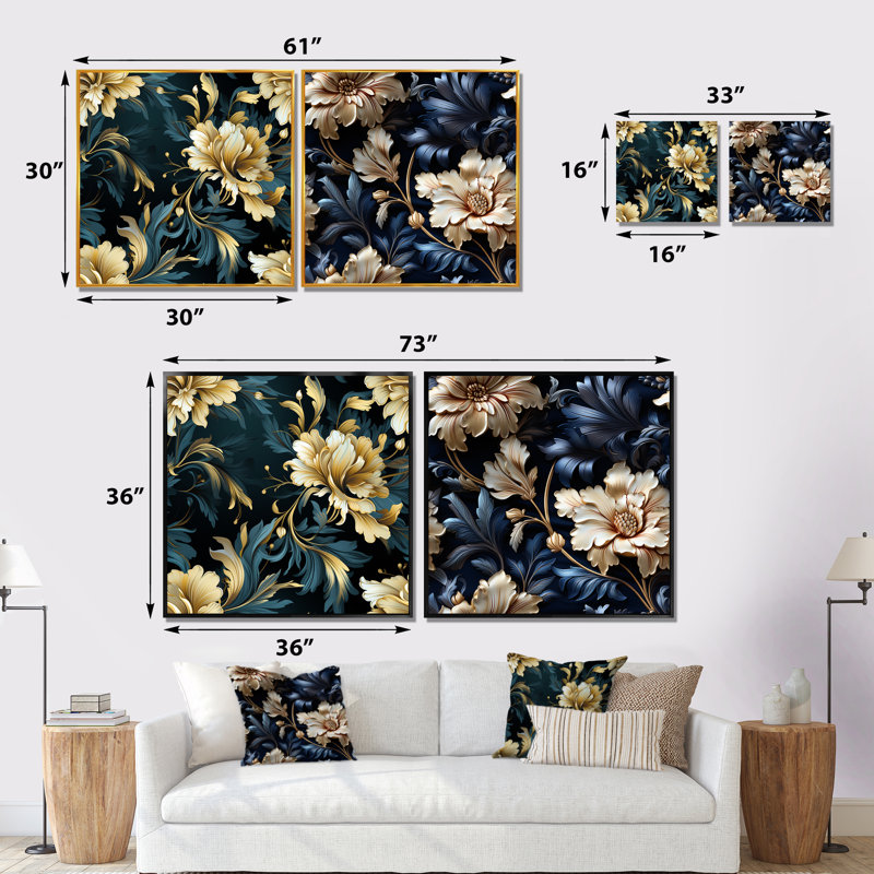 Ensemble de 2 luxueuses fleurs damassées noires et beiges damassées - Botanicals abstraites, Cadre noir