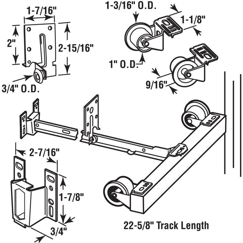 Trousse de réparation de rail de monorail Prime-Line, 22-5 / 8 po, rail en acier et guides avec roues en plastique (2 ensembles)